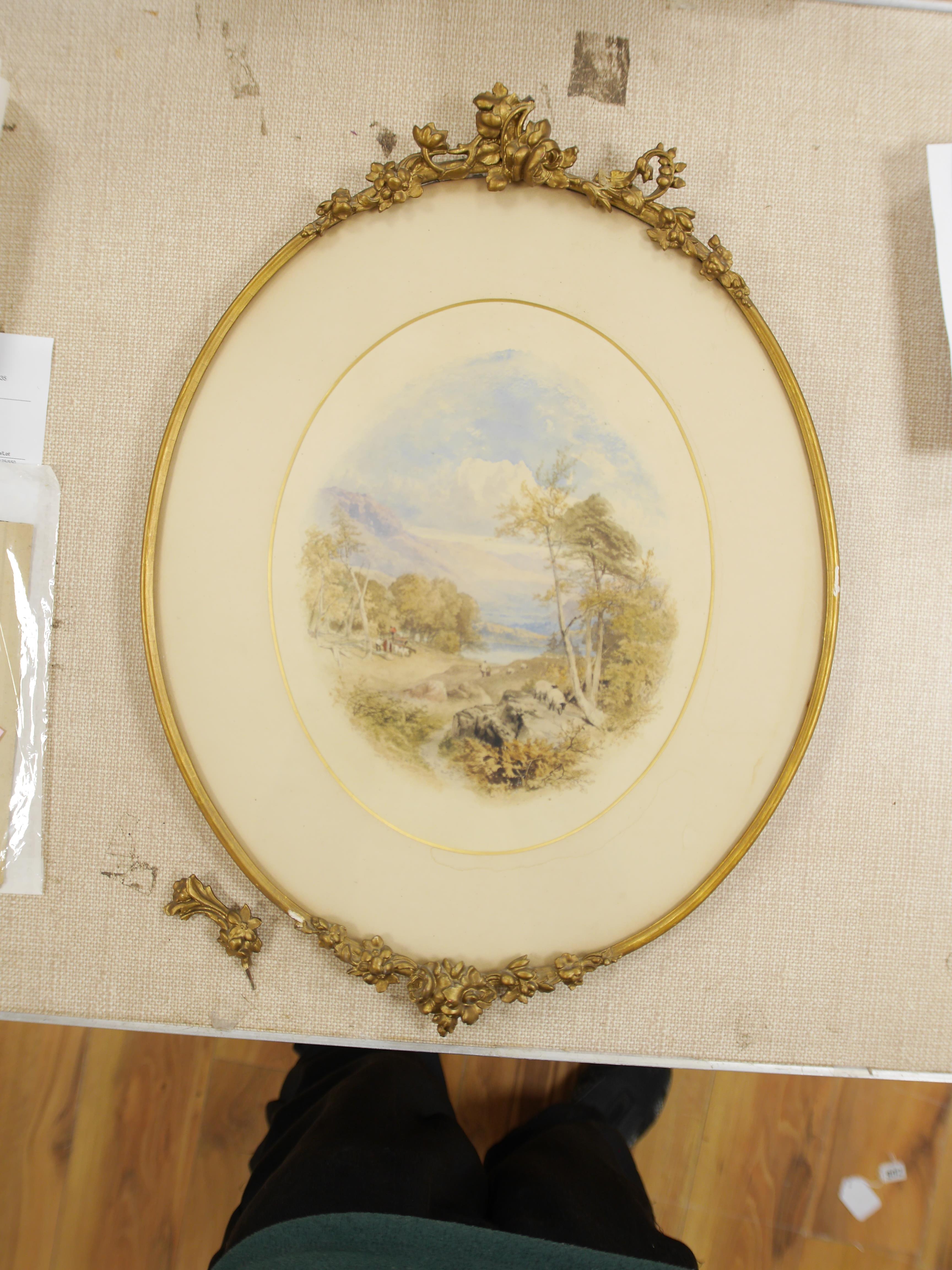 William Hull (1820-1880), pair of oval watercolours, Continental mountainous landscapes, 37 x 30cm, each gilt framed, signed and dated 1856. Condition - fair